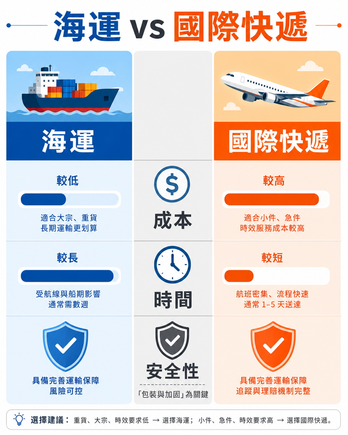 海運與國際快遞差異資訊圖